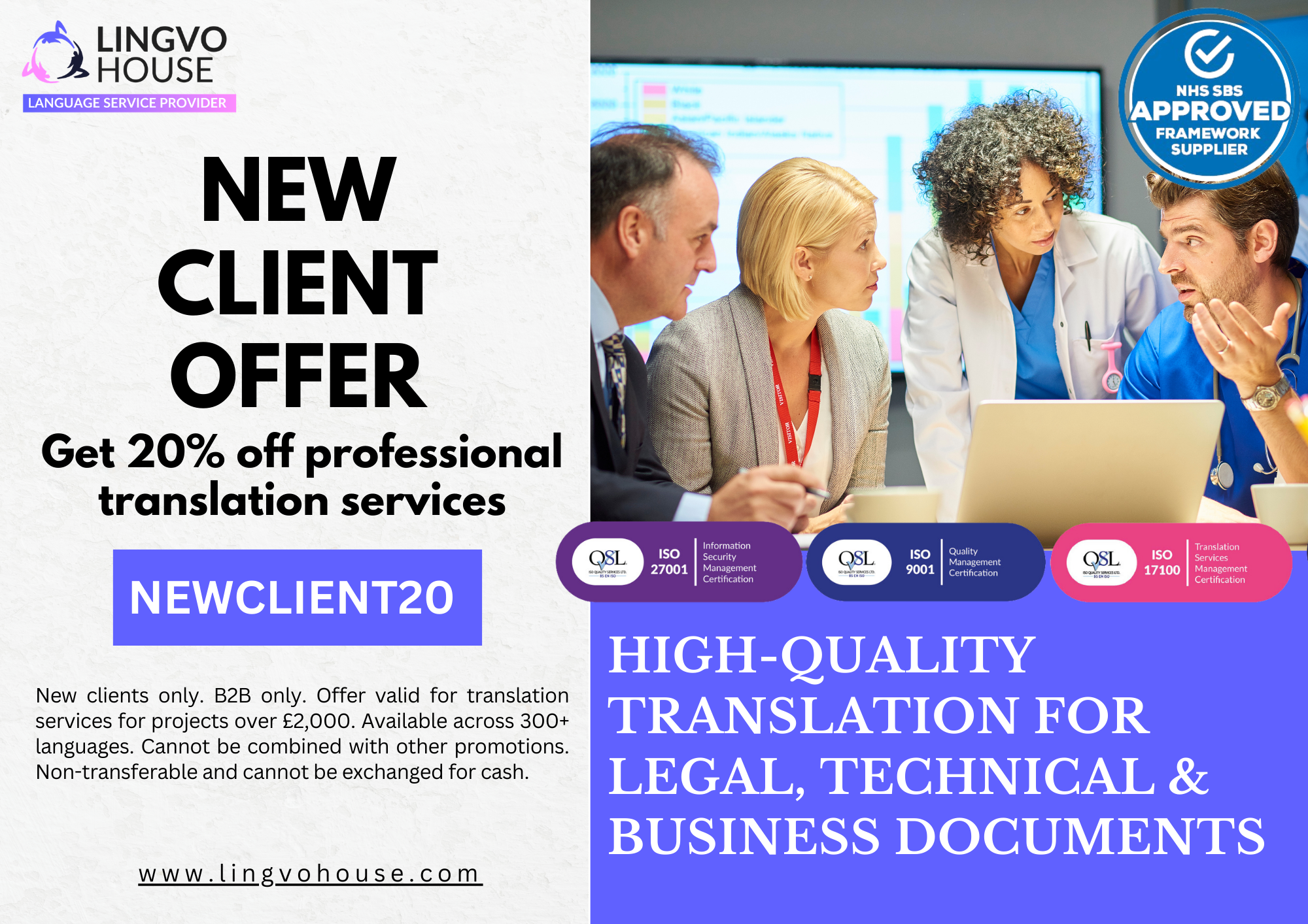 LingvoHouse 20% off translation services promotion for new clients featuring ISO-certified legal and technical document translation
