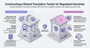 Visual guide to translation procurement best practices for regulated industries, including translation RFP structure, ISO-certified quality systems, AI governance and data security evaluation.